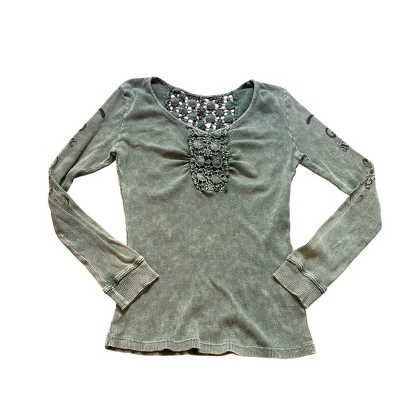 ONE WORLD Tops - One World Thermal Top Women Green Crochet Boho Graphic Sleeve SIZE PM
